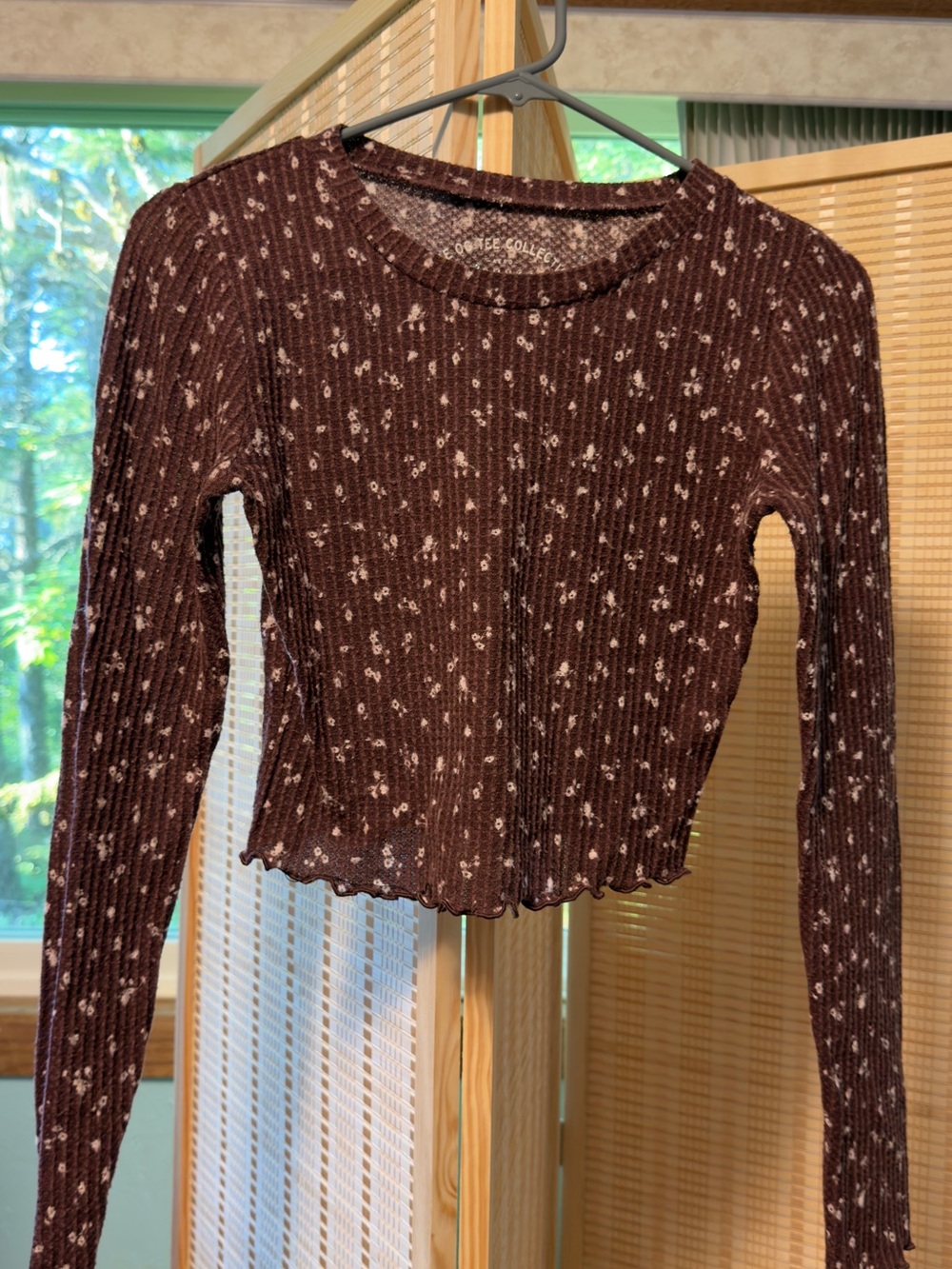 American Eagle Floral-Patterned Ribbed Long-Sleeve Crop Top